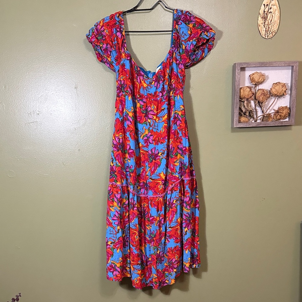 Lost + Wander Floral Blue and Red Tiered Off the Shoulder Dress size small